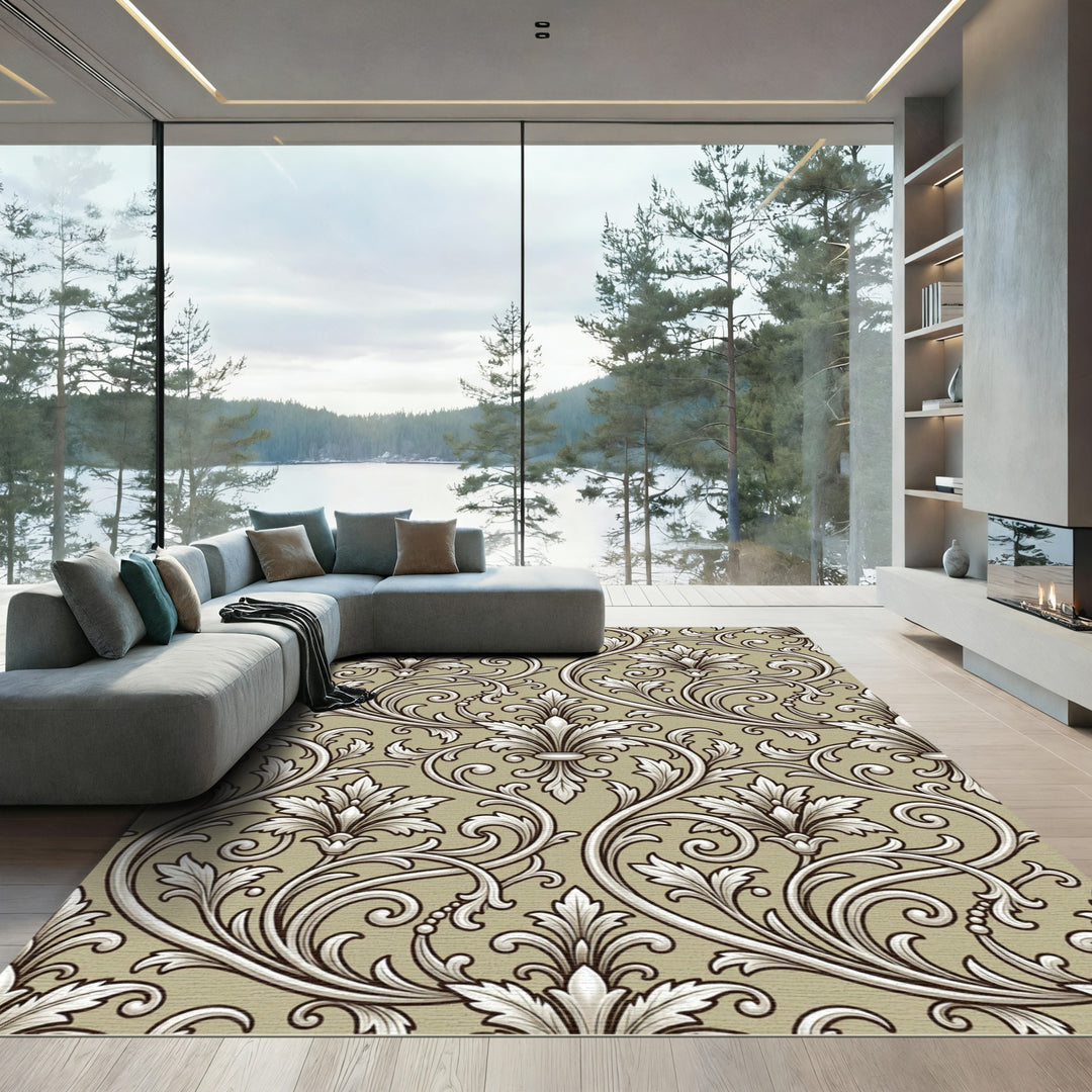 Elegant Tan Acanthus Leaf Area Rug