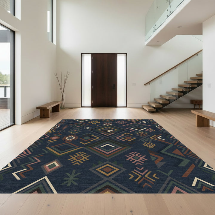 Dark Blue Geometric Earthy Tone Medallion Rug