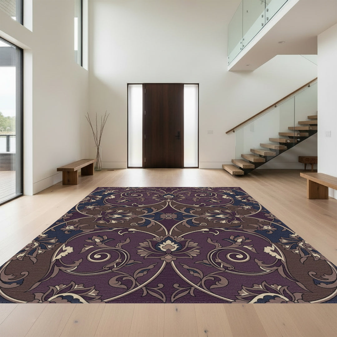 Rich Plum Floral Scrollwork Rug