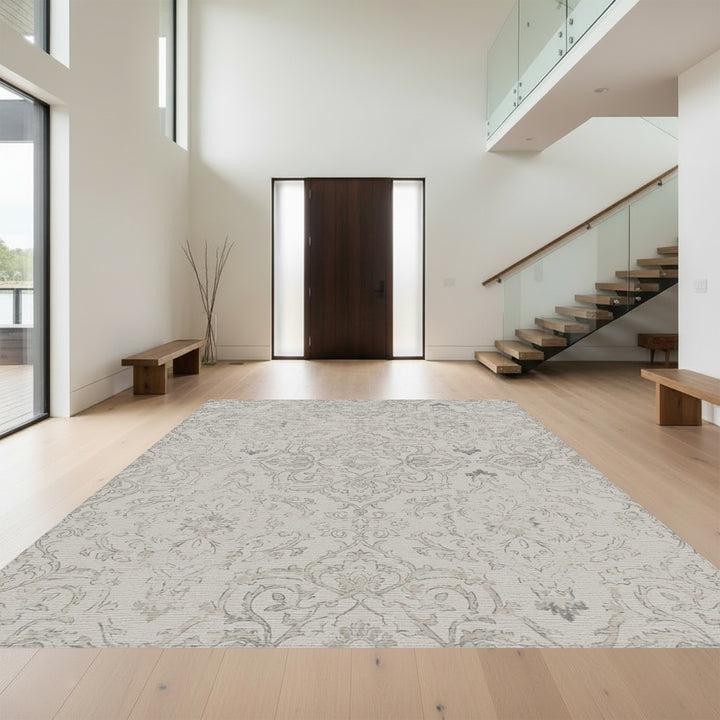 Cream Gray Vintage Damask Scroll Rug