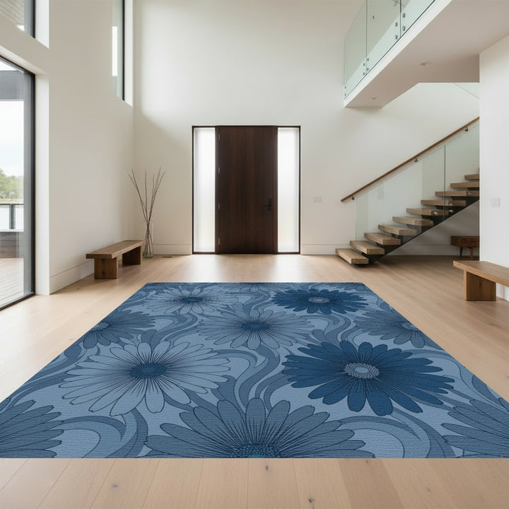 Dark Blue Floral Swirl Art Nouveau Rug
