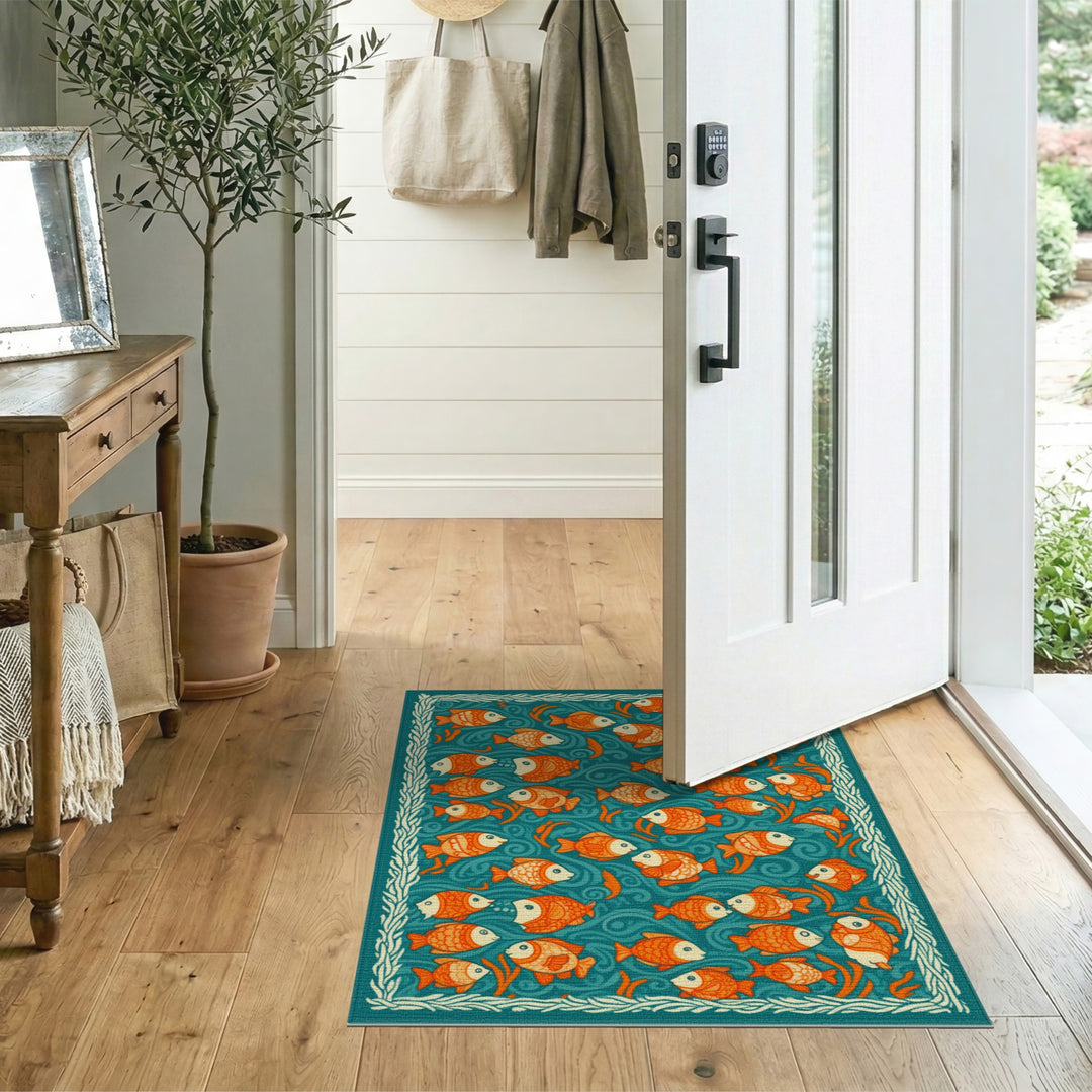 Orange Fish School Teal Coastal Area Rug