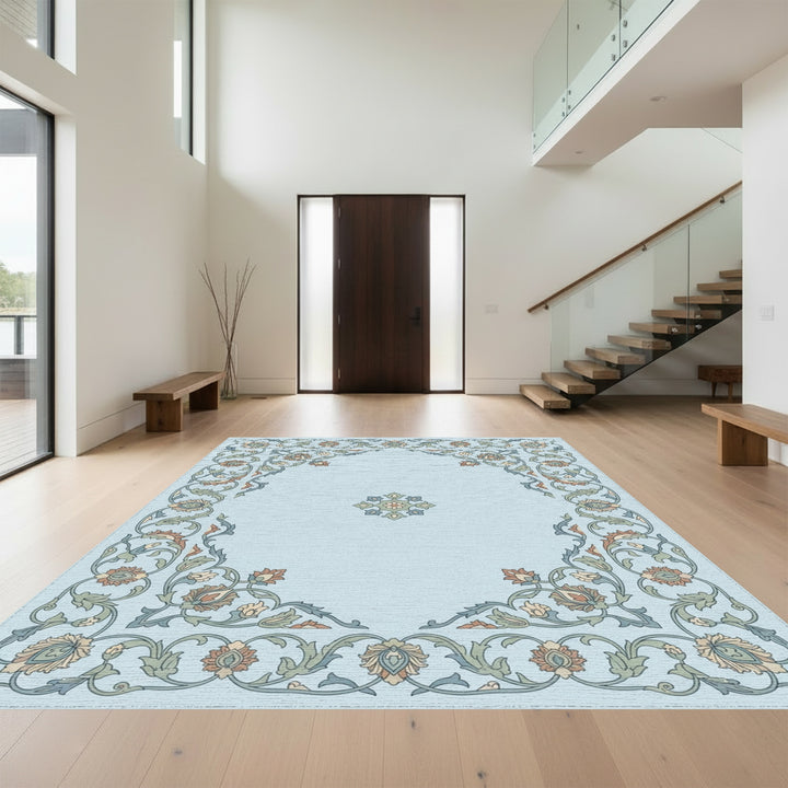 Light Blue Floral Garden Medallion Rug