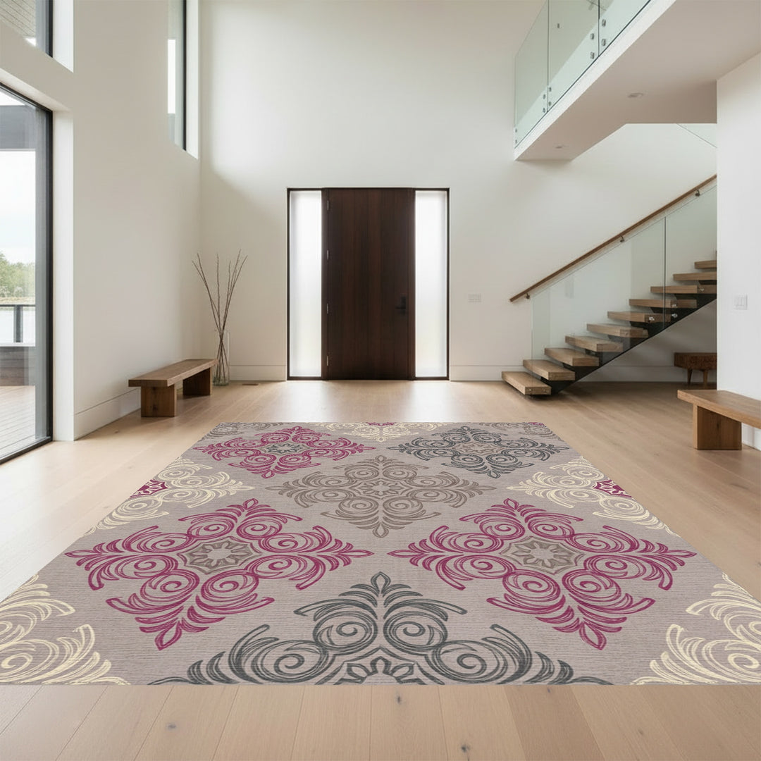 Ornate Pink Gray Cream Medallion Rug