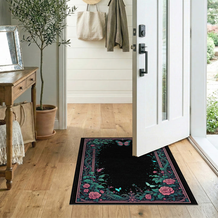Pink Rose Butterfly Floral Vintage Area Rug