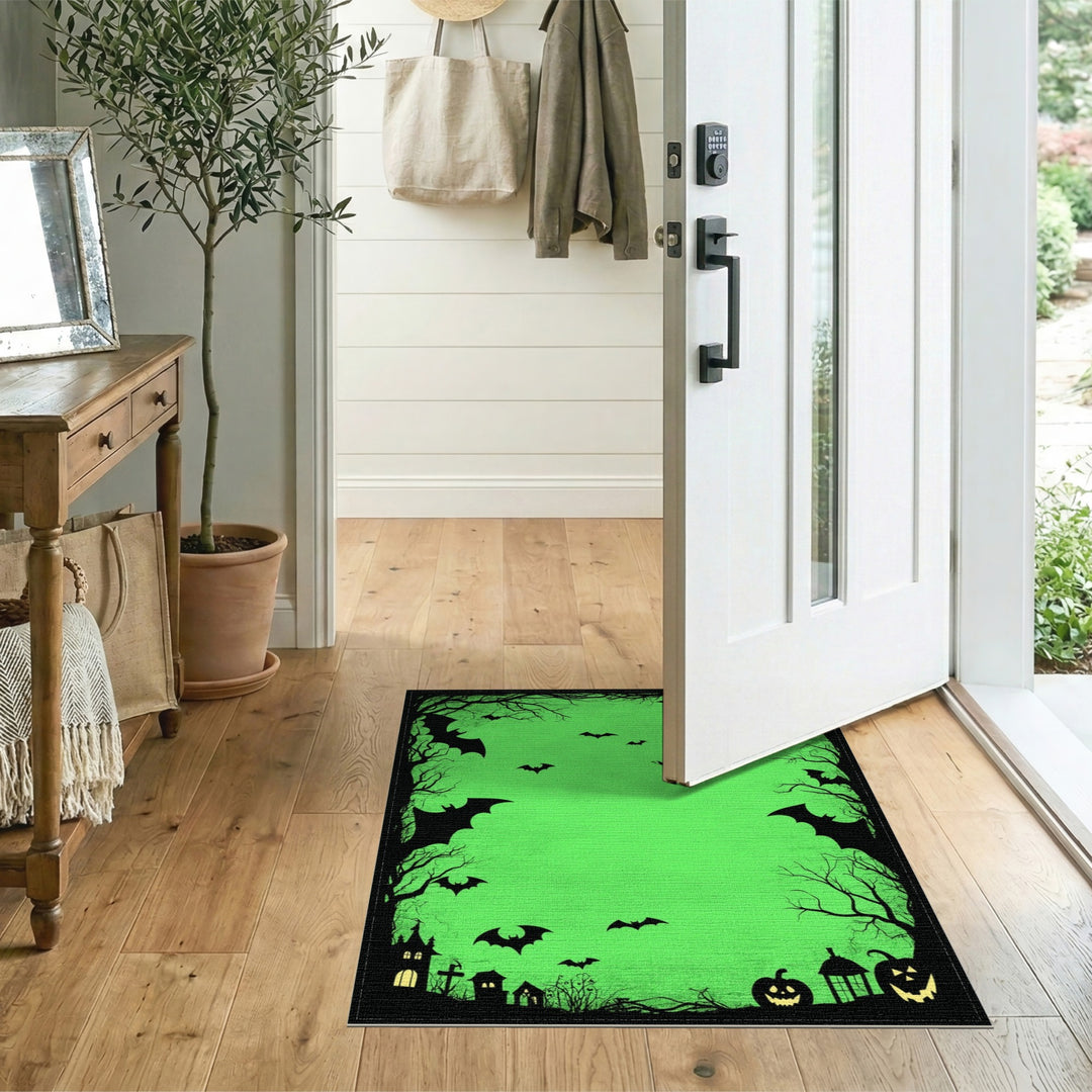Green Halloween Bats and Pumpkins Area Rug
