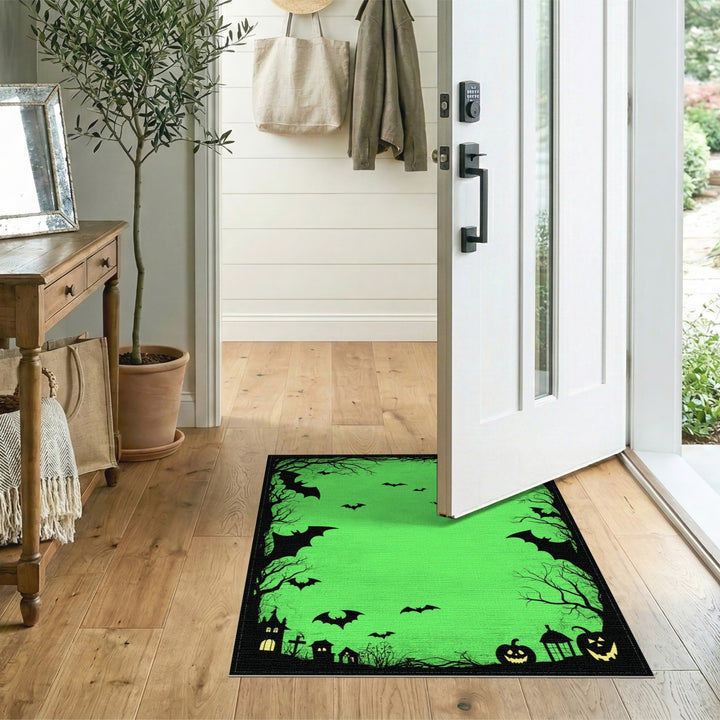 Green Halloween Bats and Pumpkins Area Rug