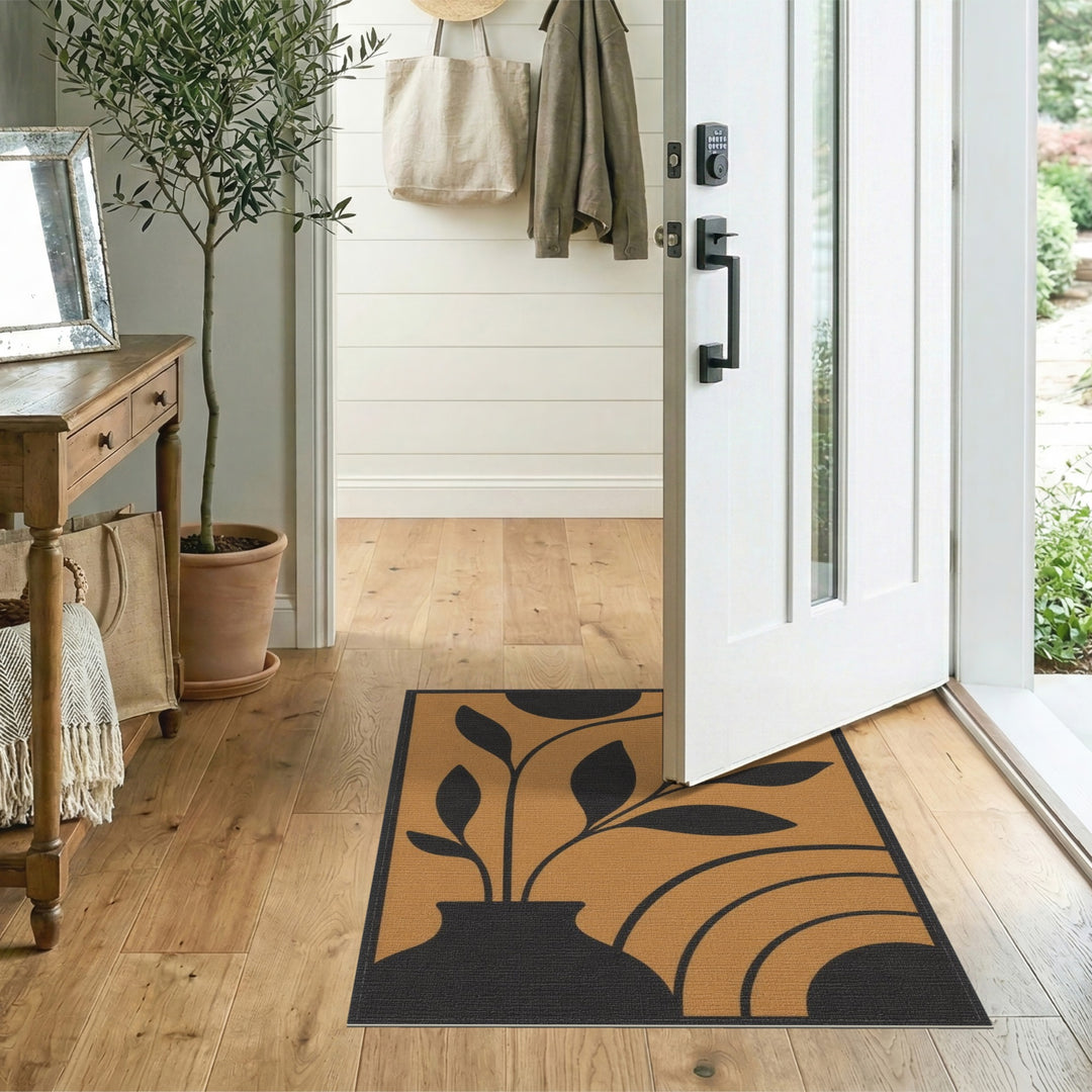 Abstract Botanical Vase Area Rug in Brown Tan