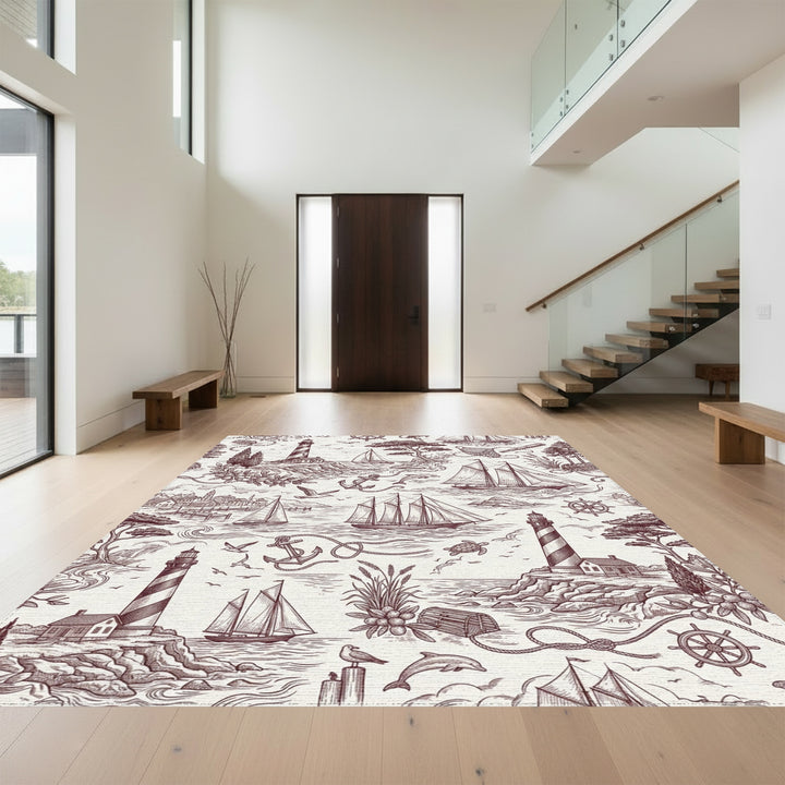 Nautical Scene Sailors Lighthouse Dolphins Anchor Rug