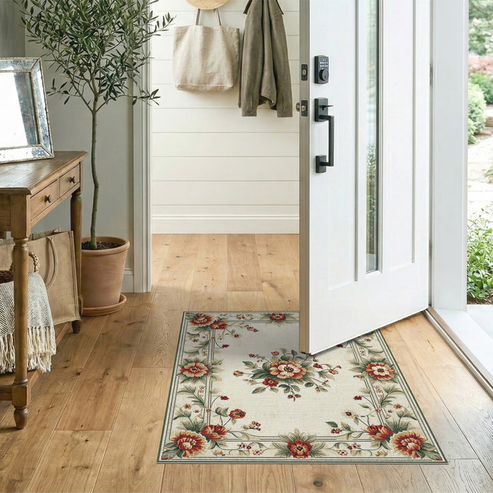 Vintage Floral Beige Area Rug with Red Peonies