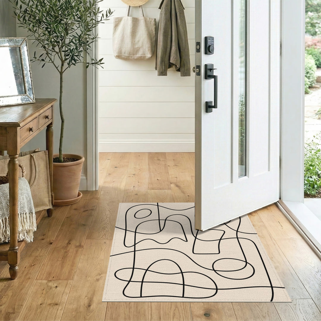Abstract Black Line Beige Area Rug