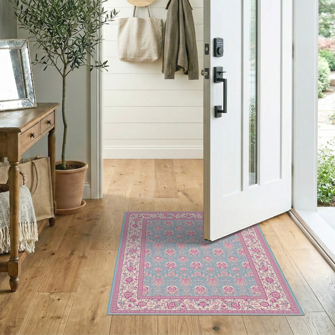Blue Pink Floral Vintage Area Rug