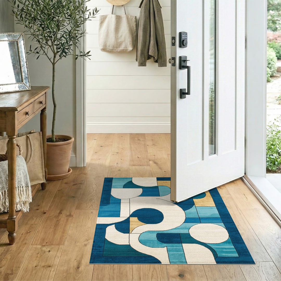 Blue Teal Geometric Abstract Area Rug