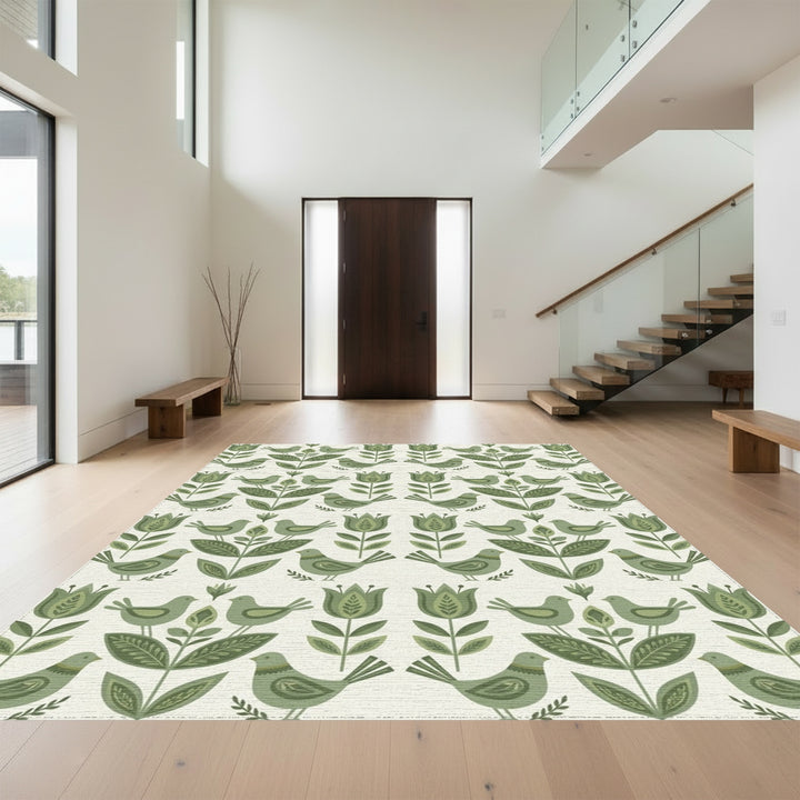 Sage Green Folk Art Bird Floral Rug