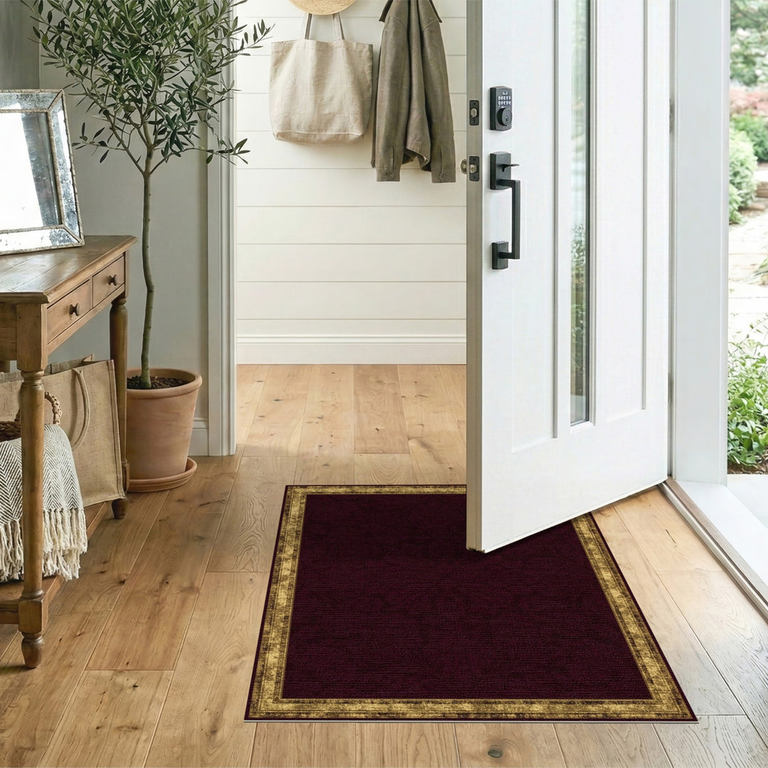 Red Damask Area Rug with Distressed Gold Border