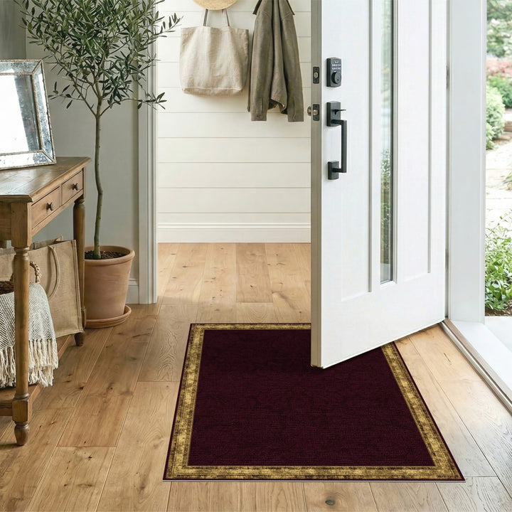 Red Damask Area Rug with Distressed Gold Border