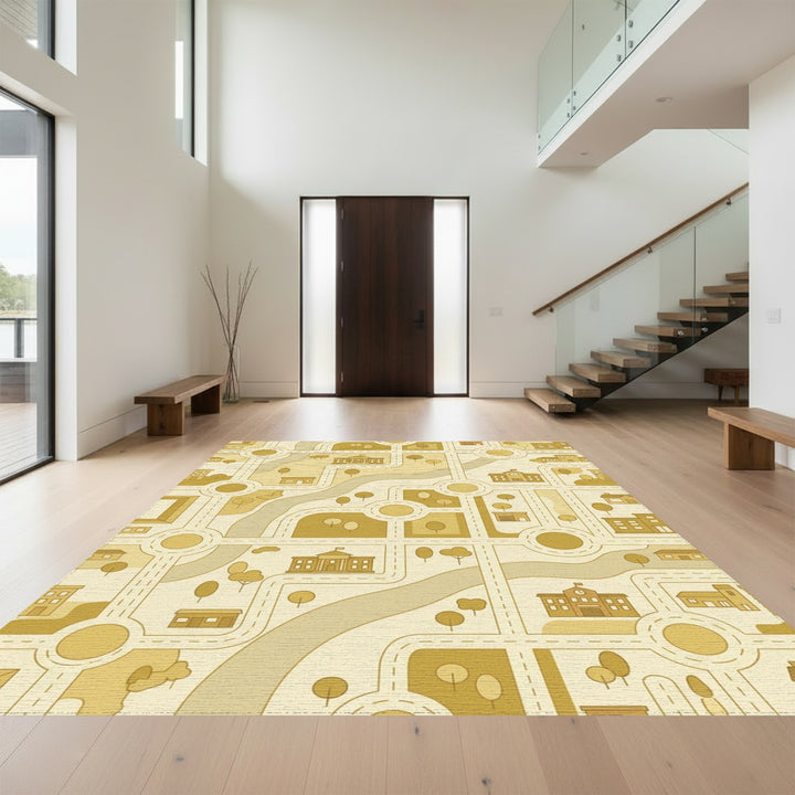 Golden Cityscape Road Map Illustration Rug