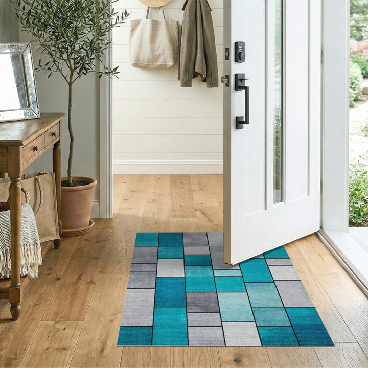 Geometric Teal Block Area Rug