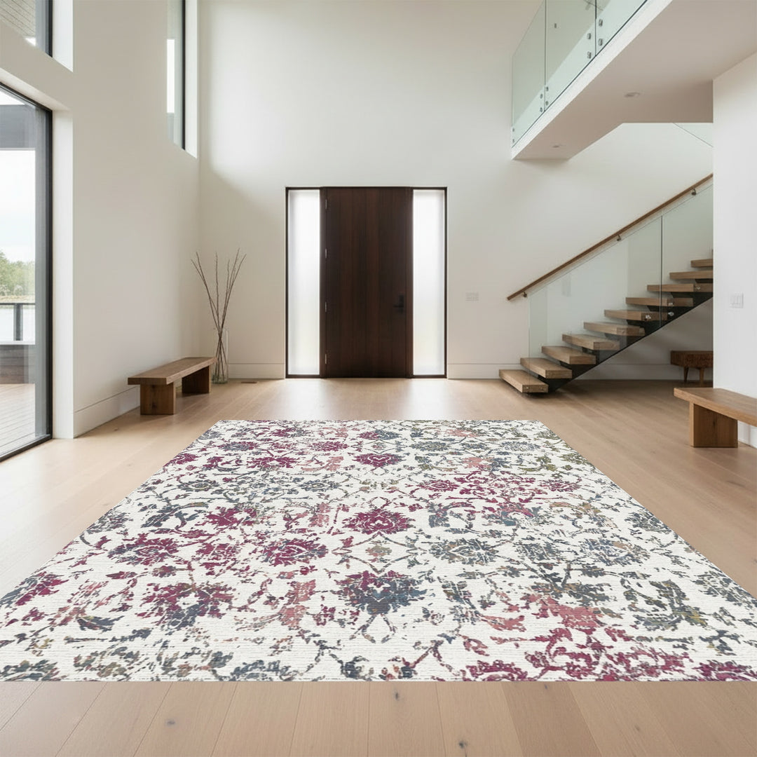 Distressed Purple Floral Scrollwork Rug