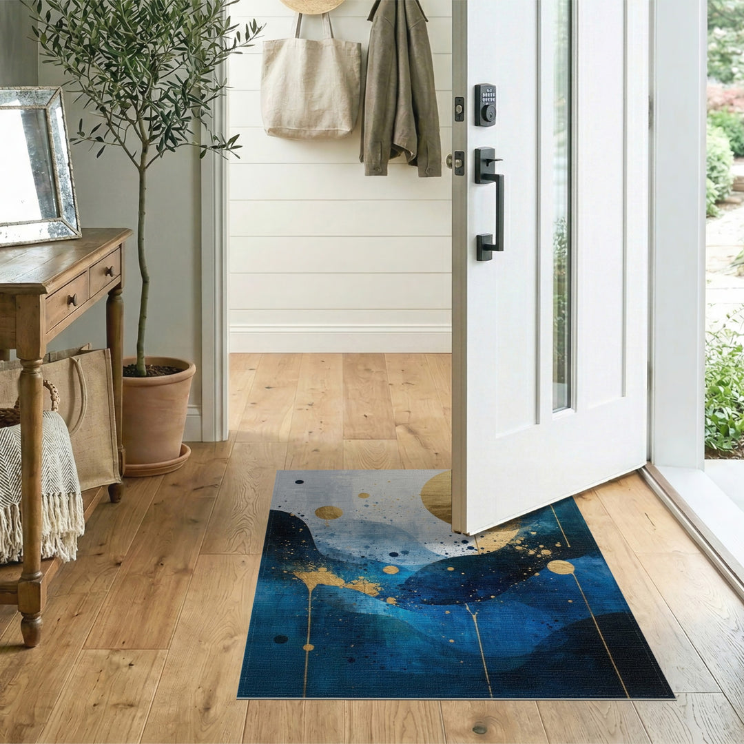 Blue and Teal Blue Gold Abstract Wave Area Rug