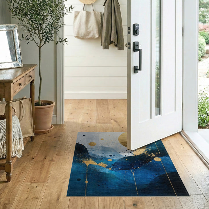 Blue and Teal Blue Gold Abstract Wave Area Rug
