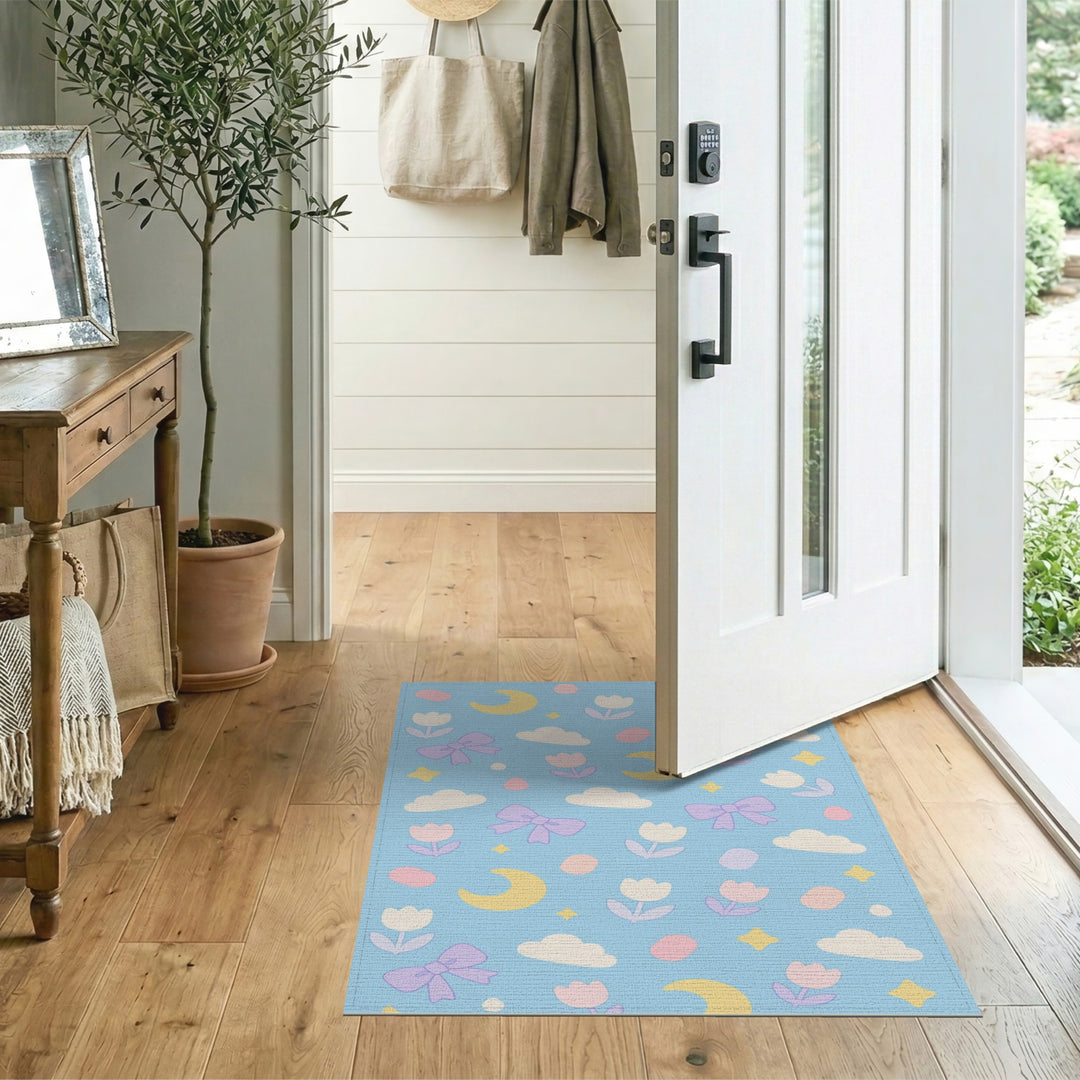 Blue Pastel Bow Moon Tulip Kids Area Rug