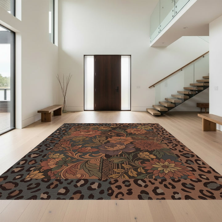 Earthy Floral Leopard Patchwork Accents Rug