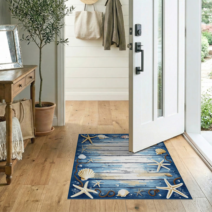 Blue and Teal Coastal Blue Starfish Seashell Area Rug