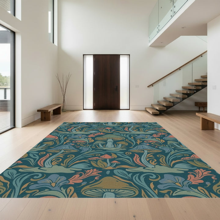 Deep Teal Mushroom Botanical Swirl Rug