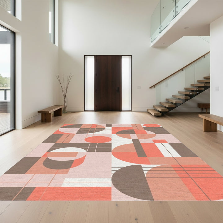 Coral Brown Geometric Circles Squares Rug