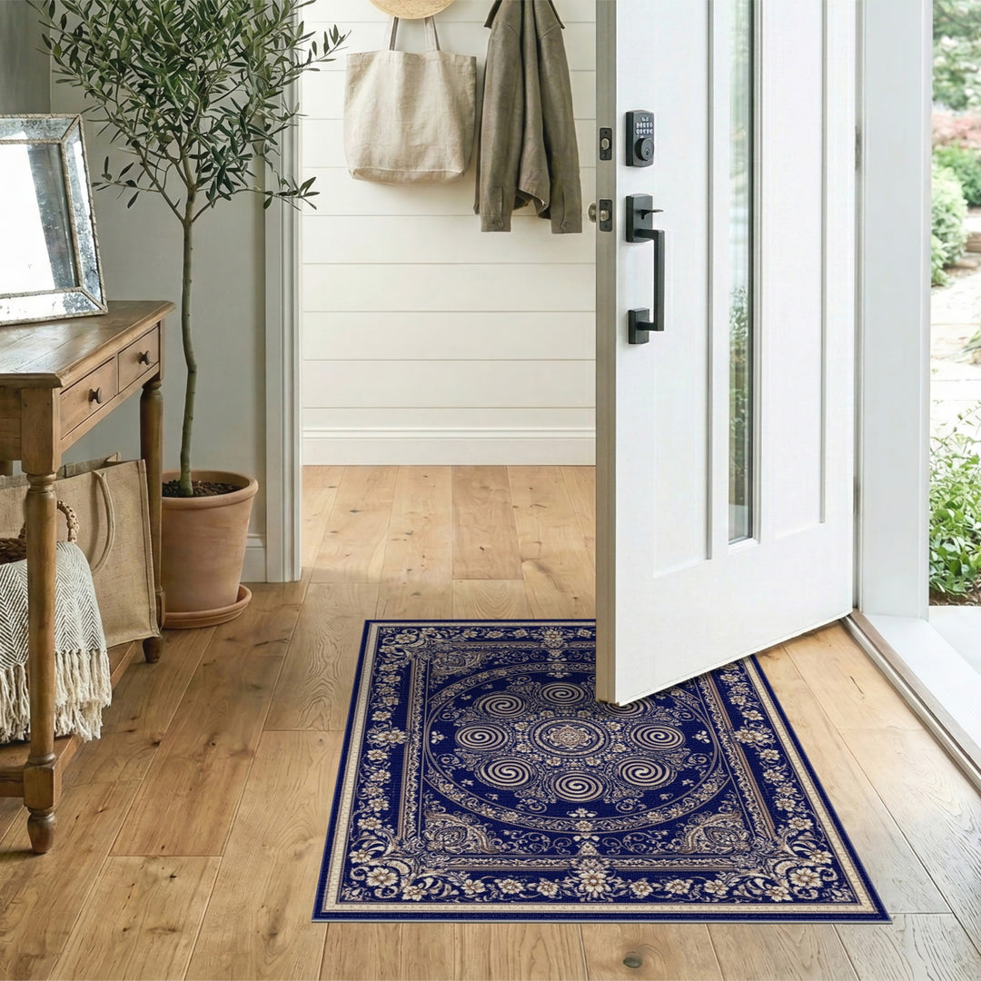 Navy Blue Floral Vintage Area Rug