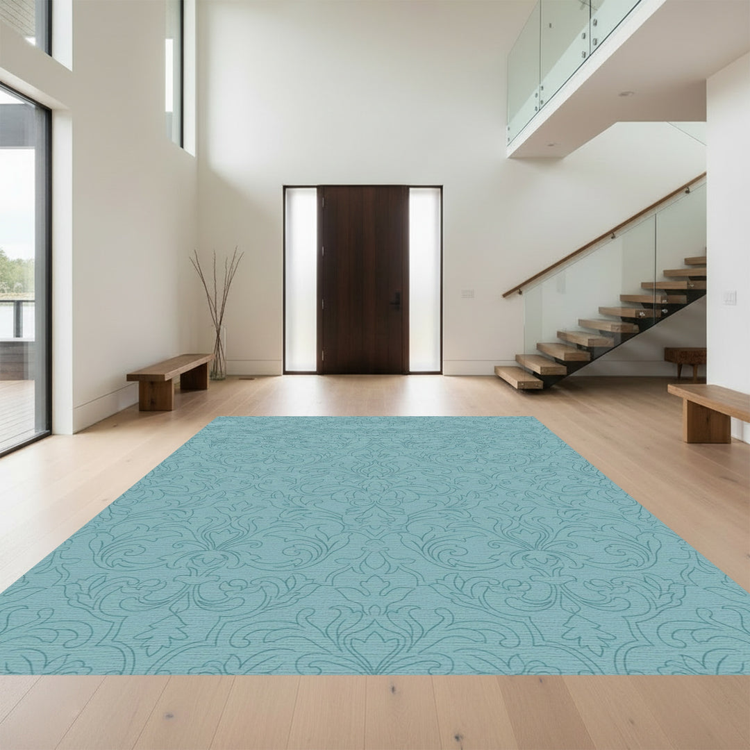 Teal Damask Scrollwork Floral Rug
