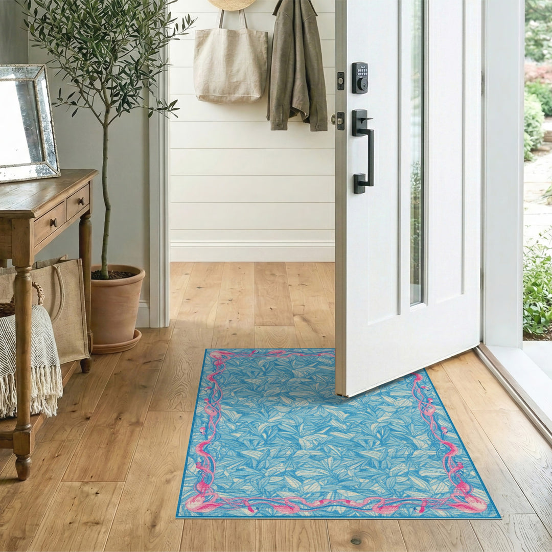 Blue Flamingo Border Washable Area Rug