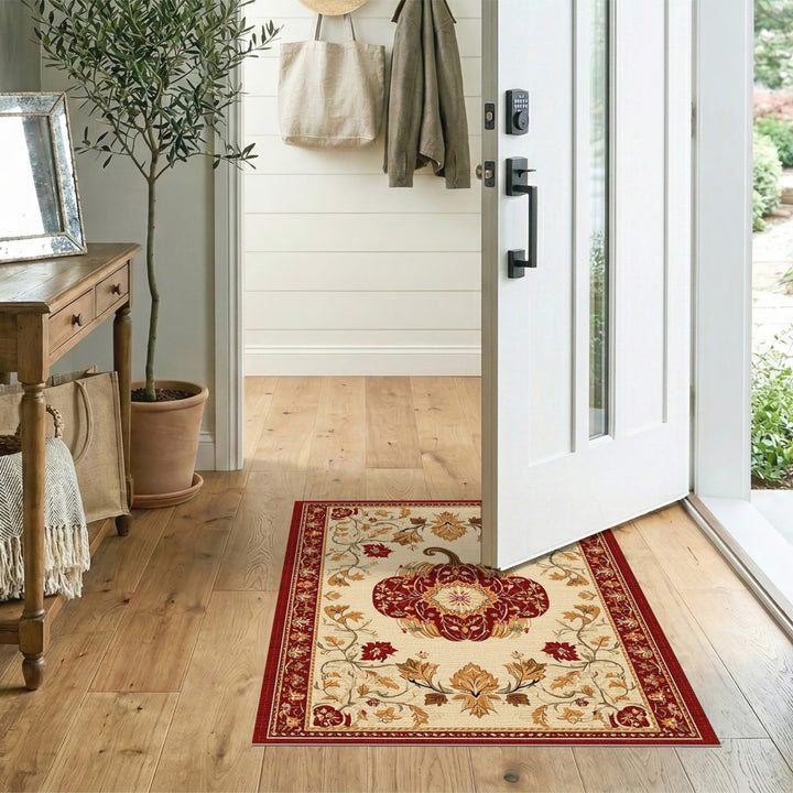 Red Pumpkin Autumn Floral Area Rug