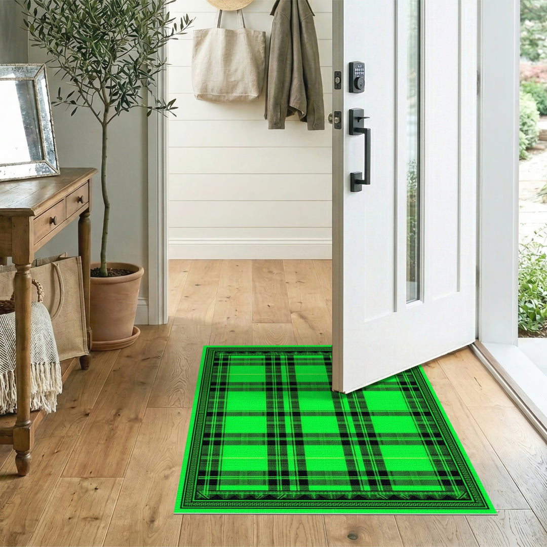 Vibrant Green Plaid Washable Area Rug