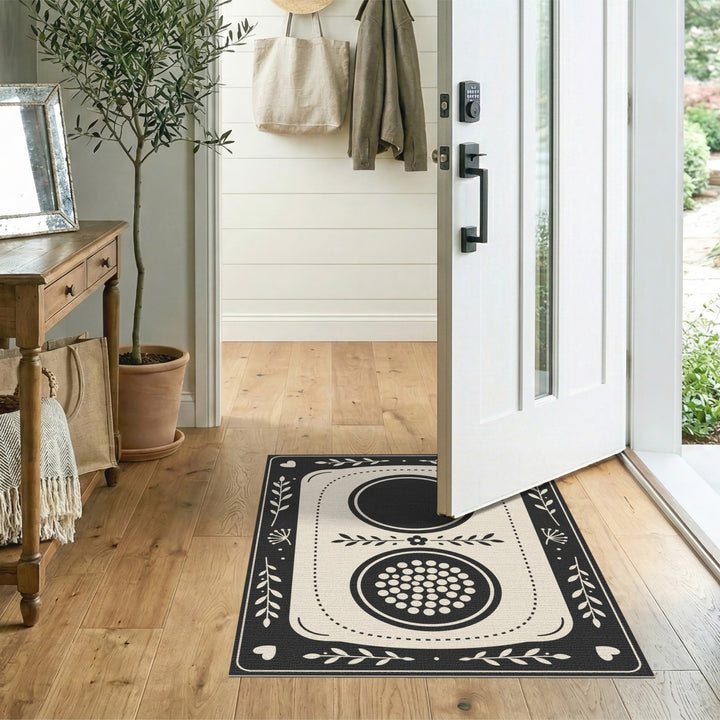 Black White Geometric Floral Area Rug