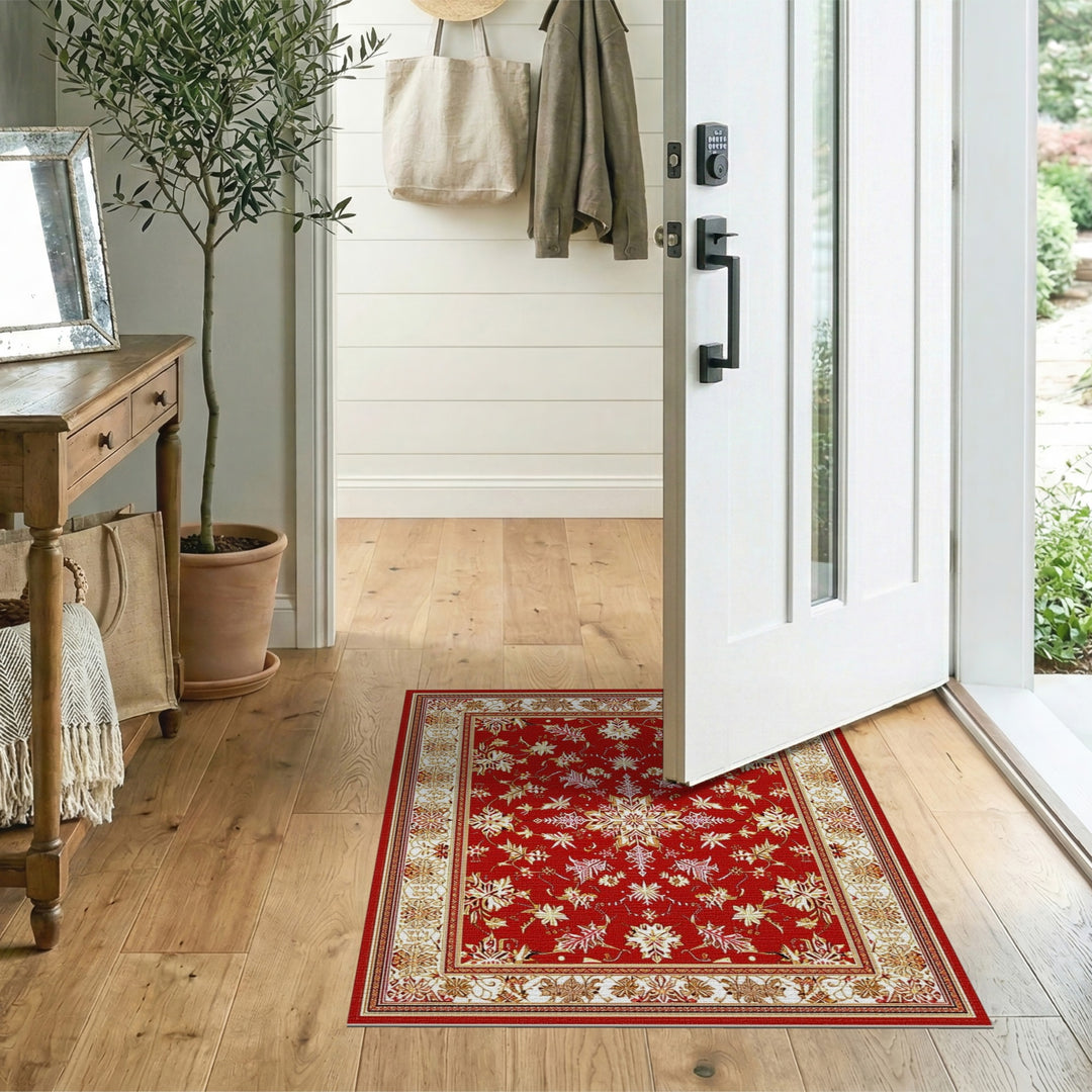 Red Floral Persian Area Rug with Gold Accents
