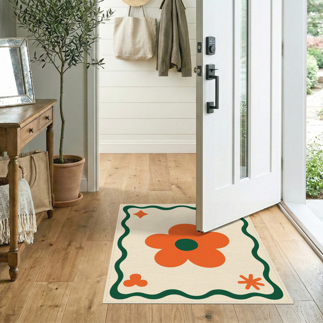 Beige Orange Daisy Floral Area Rug