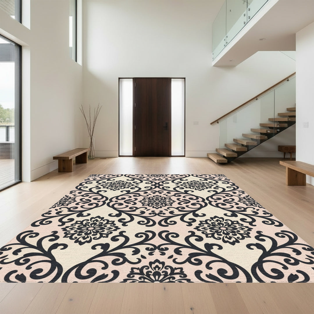 Elegant Black Floral Damask Cream Rug