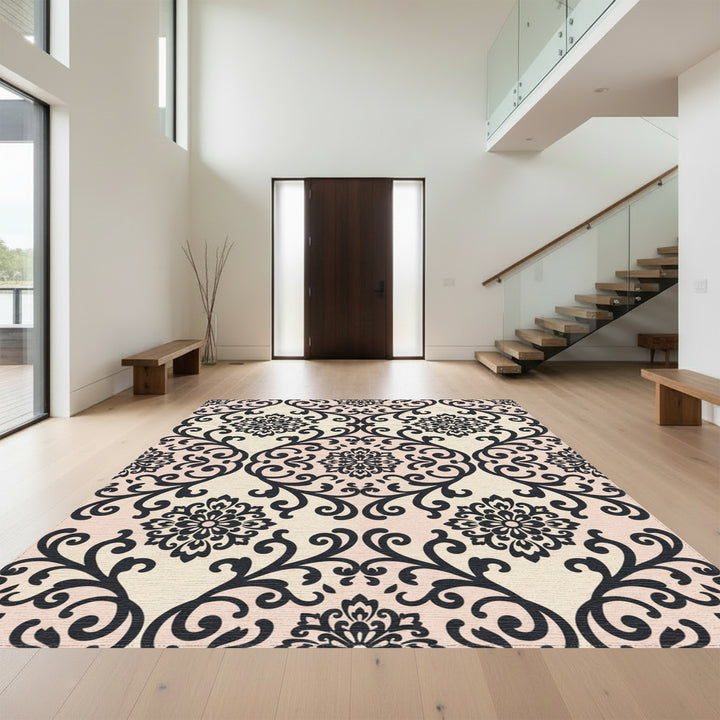 Elegant Black Floral Damask Cream Rug