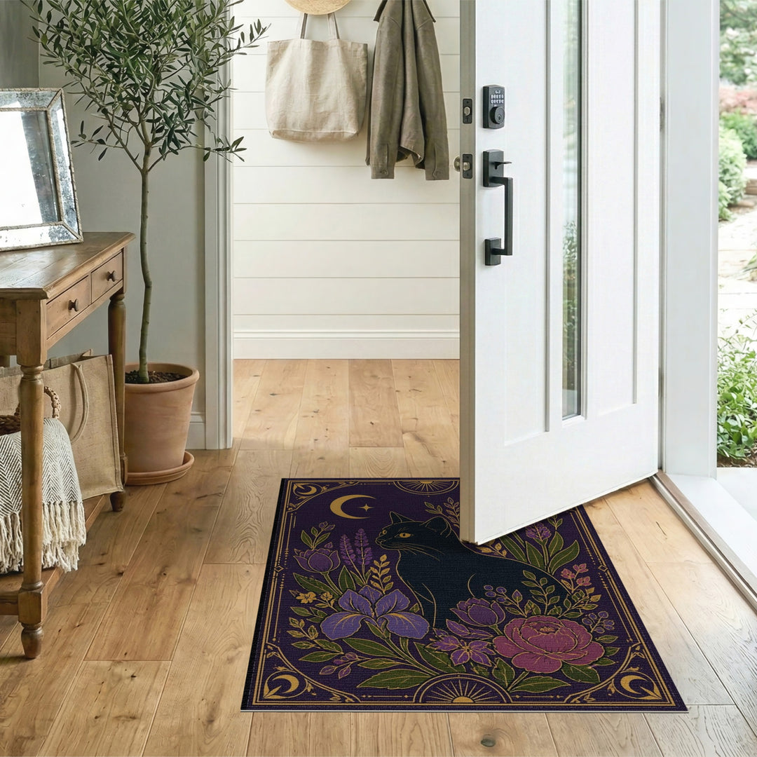 Mystic Black Cat Purple Floral Vintage Area Rug