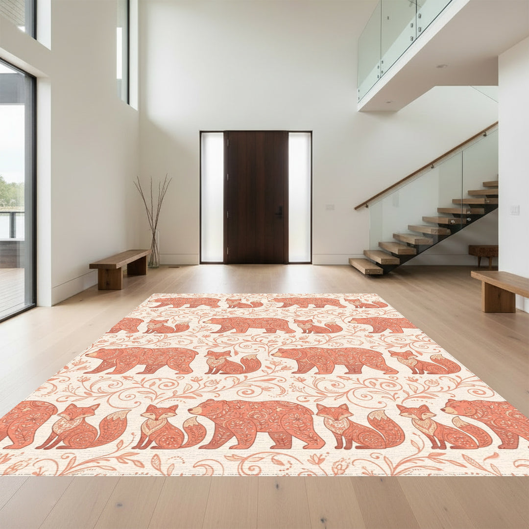 Salmon Folk Art Bear Fox Vine Repeat Rug