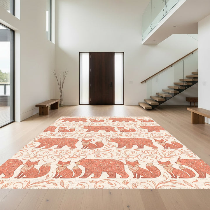 Salmon Folk Art Bear Fox Vine Repeat Rug