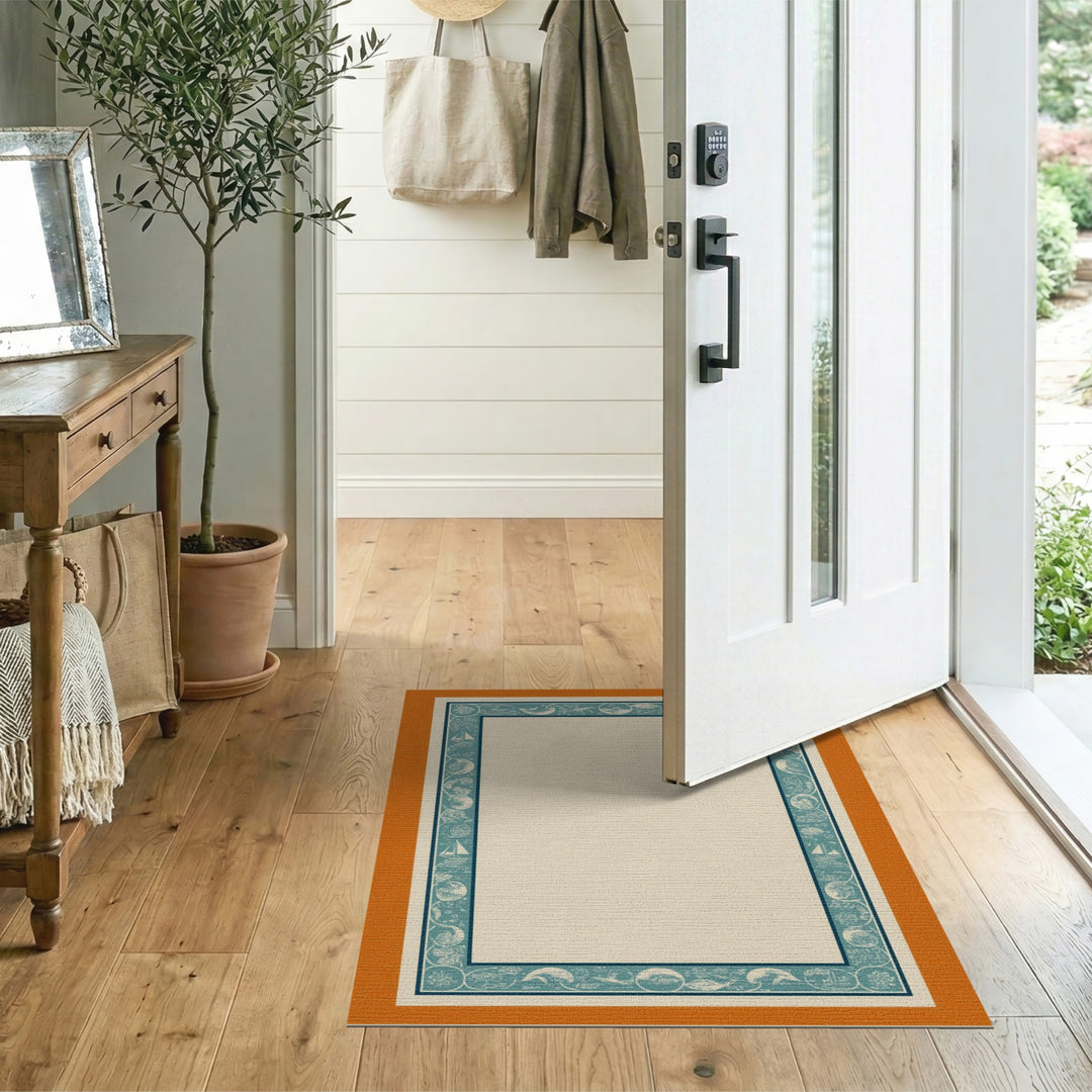 Coastal Teal Sailboat Border Area Rug