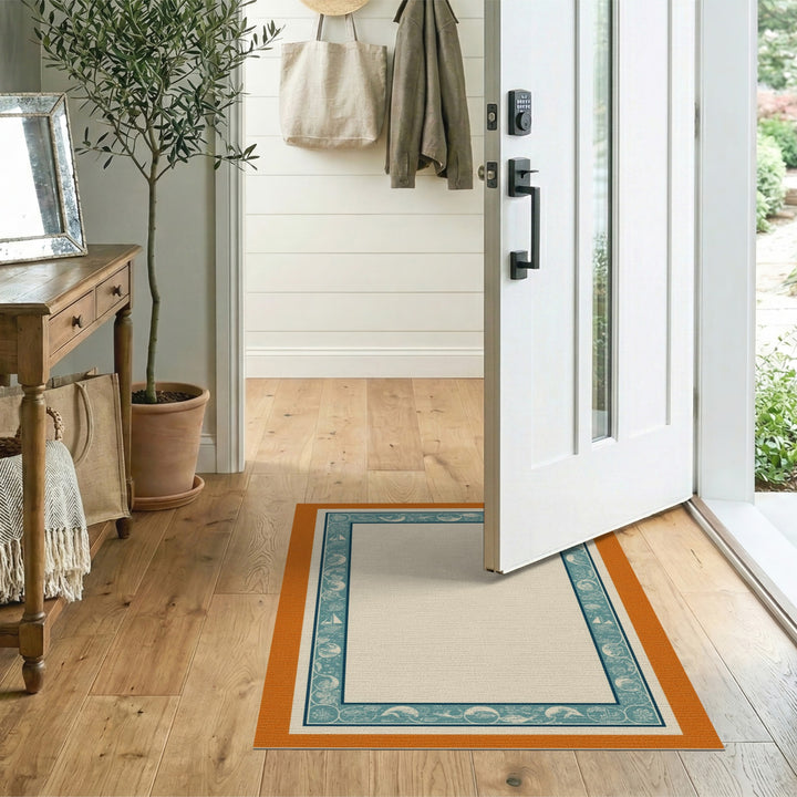 Coastal Teal Sailboat Border Area Rug