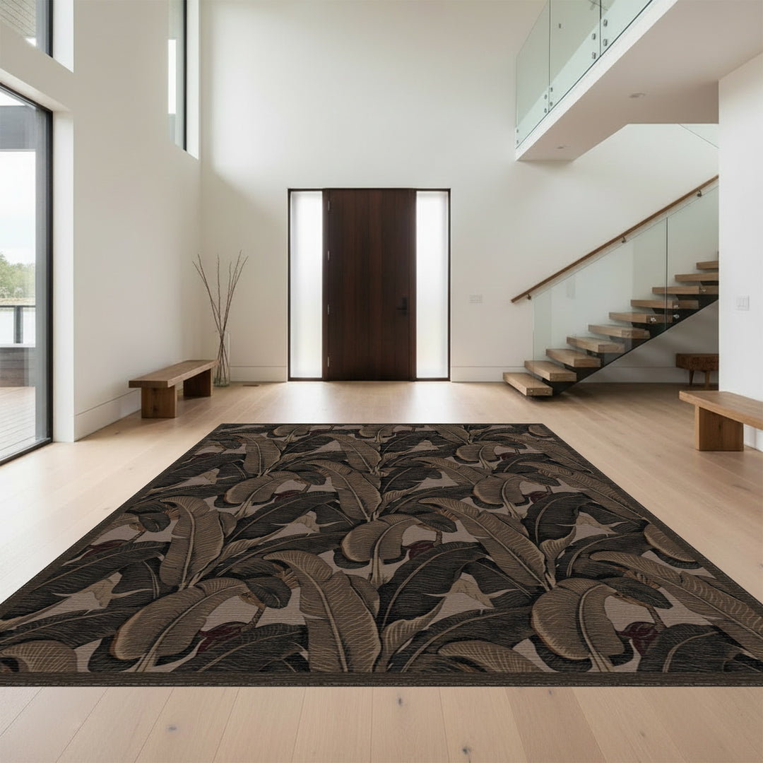 Deep Brown Tropical Banana Leaf Rug