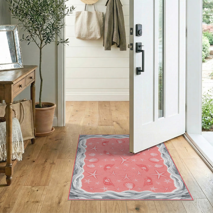Pink Coastal Beach Pink Coastal Seashell Starfish Area Rug