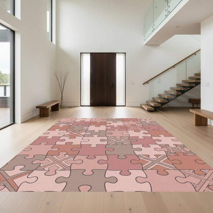 Warm Puzzle Piece Geometric Medallion Rug
