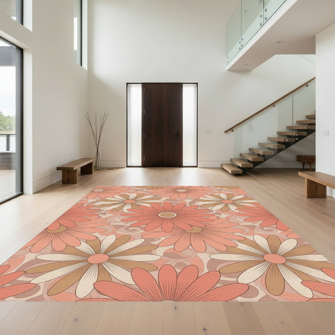 Retro Coral Daisy Swirl Rug