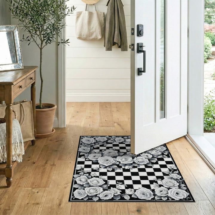 Black White Rose Checkerboard Area Rug